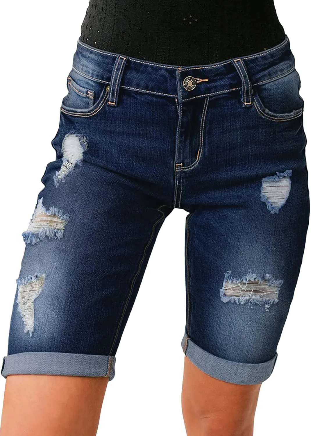 Women's Ripped Mid-Rise Denim Bermuda Shorts Frayed Raw Hem Stretch Jean Shorts