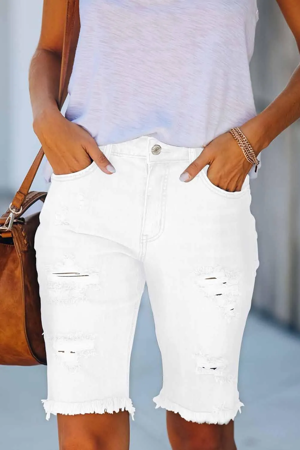Women's Ripped Mid-Rise Denim Bermuda Shorts Frayed Raw Hem Stretch Jean Shorts