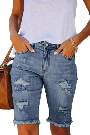 Women's Ripped Mid-Rise Denim Bermuda Shorts Frayed Raw Hem Stretch Jean Shorts