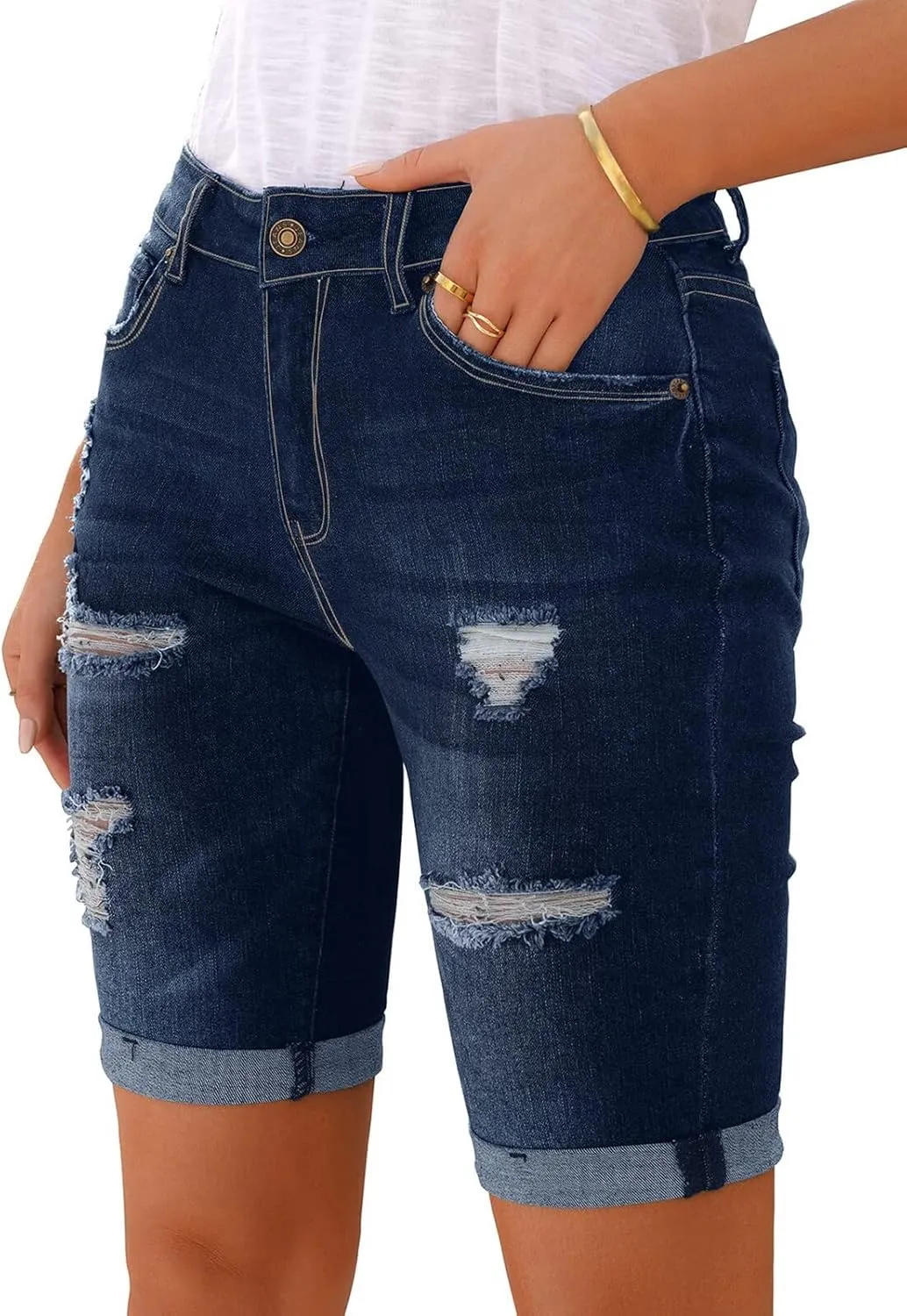Women's Ripped Mid-Rise Denim Bermuda Shorts Frayed Raw Hem Stretch Jean Shorts