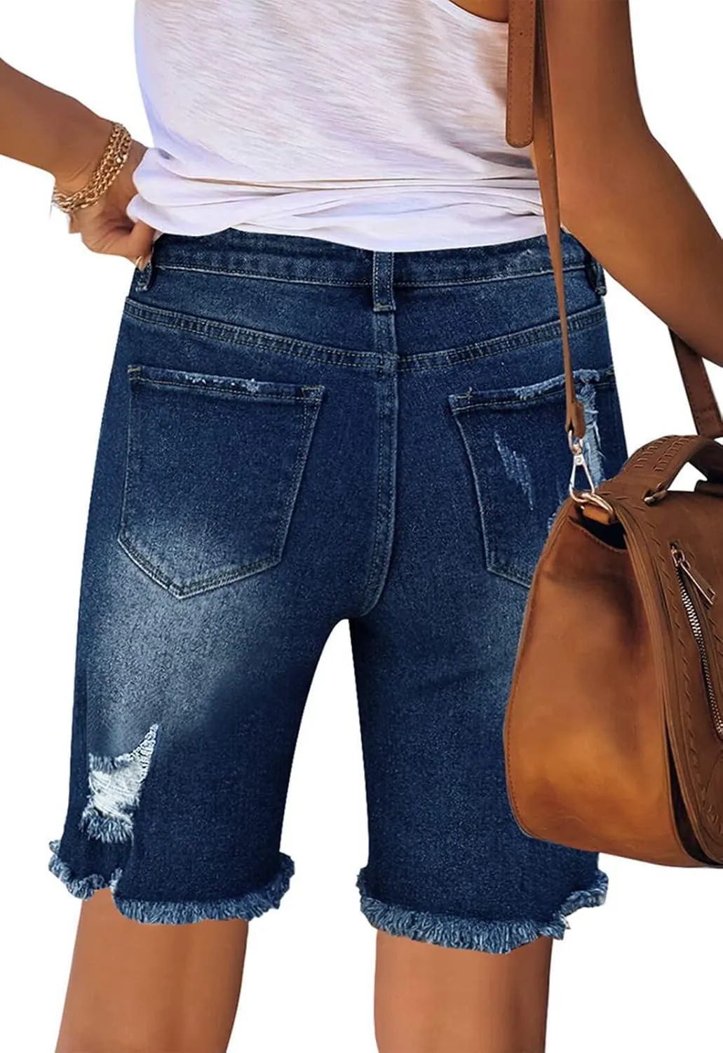 Women's Ripped Mid-Rise Denim Bermuda Shorts Frayed Raw Hem Stretch Jean Shorts
