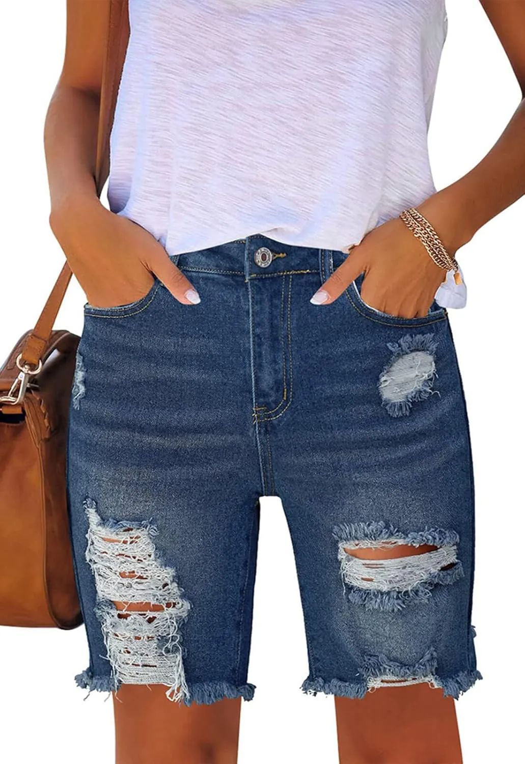 Women's Ripped Mid-Rise Denim Bermuda Shorts Frayed Raw Hem Stretch Jean Shorts
