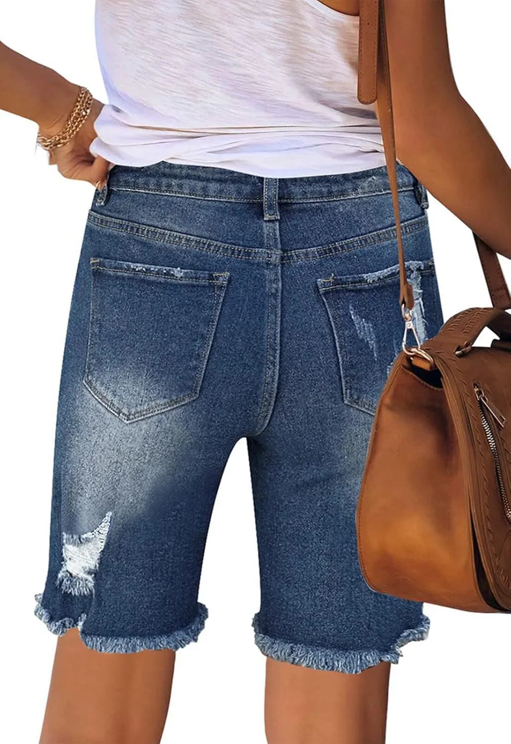 Women's Ripped Mid-Rise Denim Bermuda Shorts Frayed Raw Hem Stretch Jean Shorts