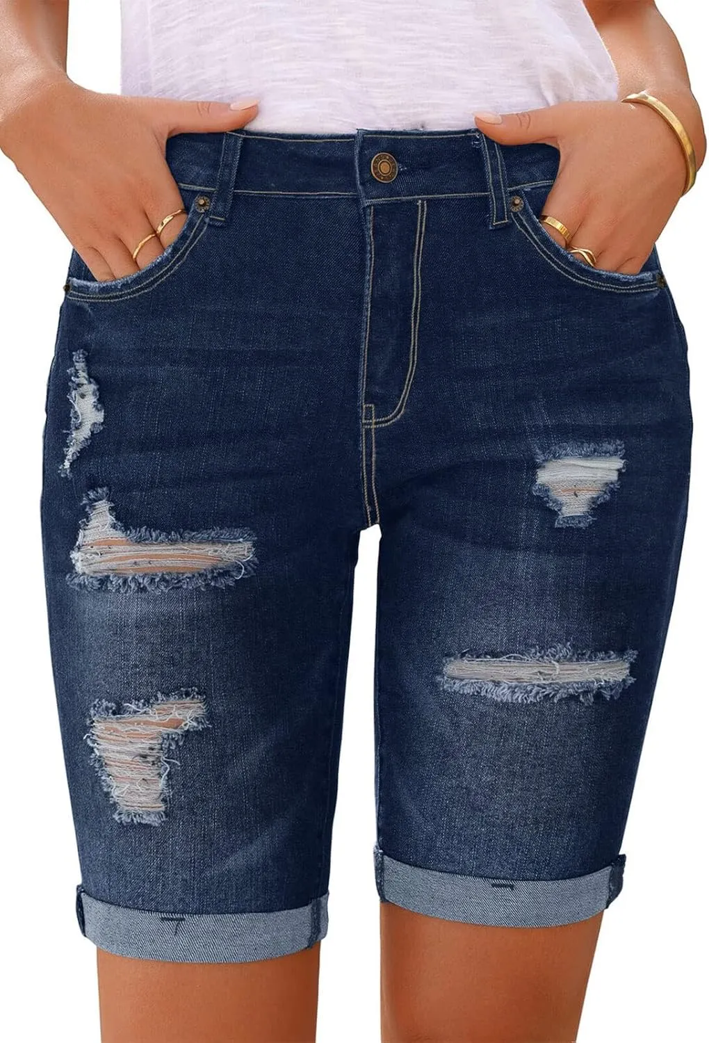 Women's Ripped Mid-Rise Denim Bermuda Shorts Frayed Raw Hem Stretch Jean Shorts