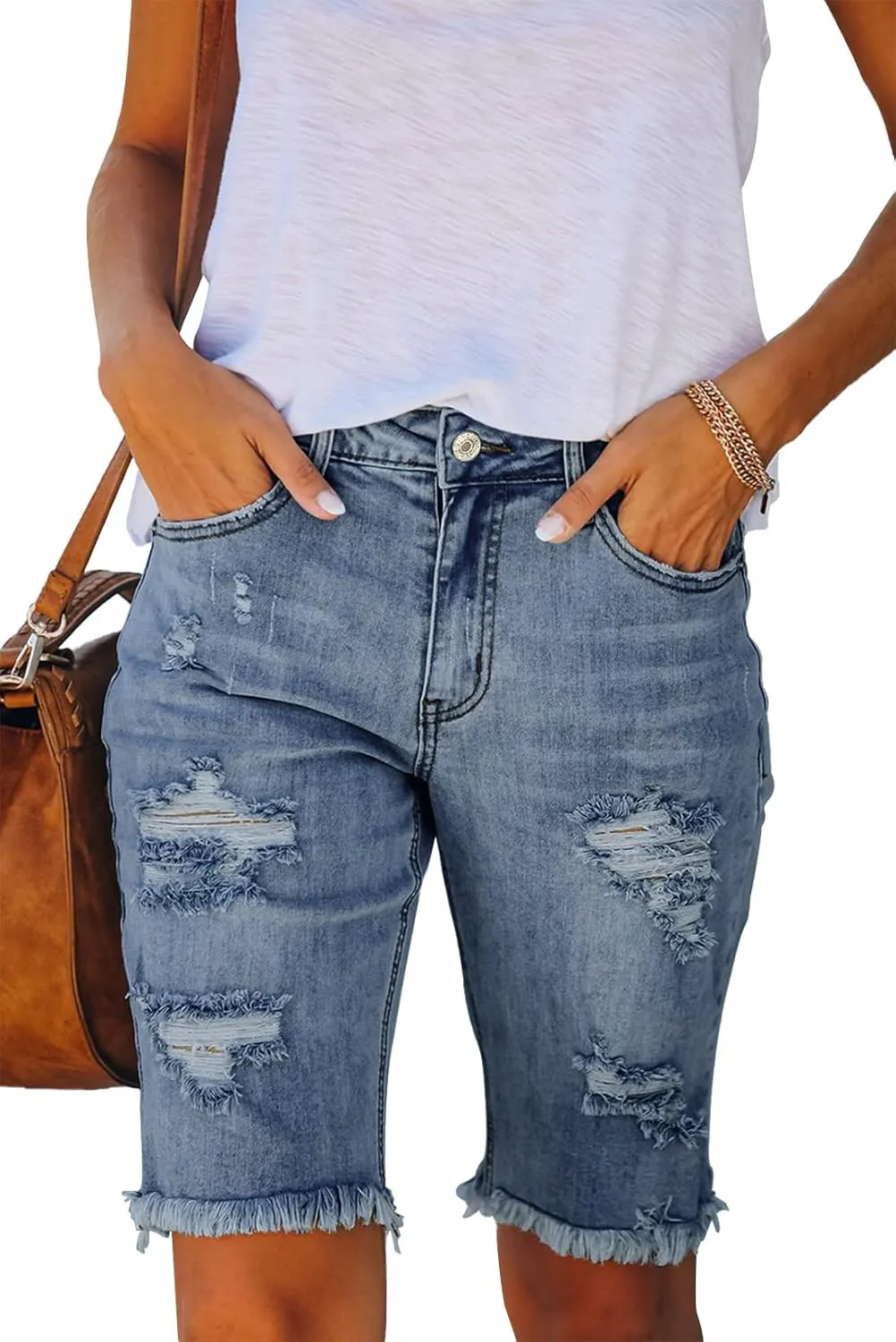 Women's Ripped Mid-Rise Denim Bermuda Shorts Frayed Raw Hem Stretch Jean Shorts
