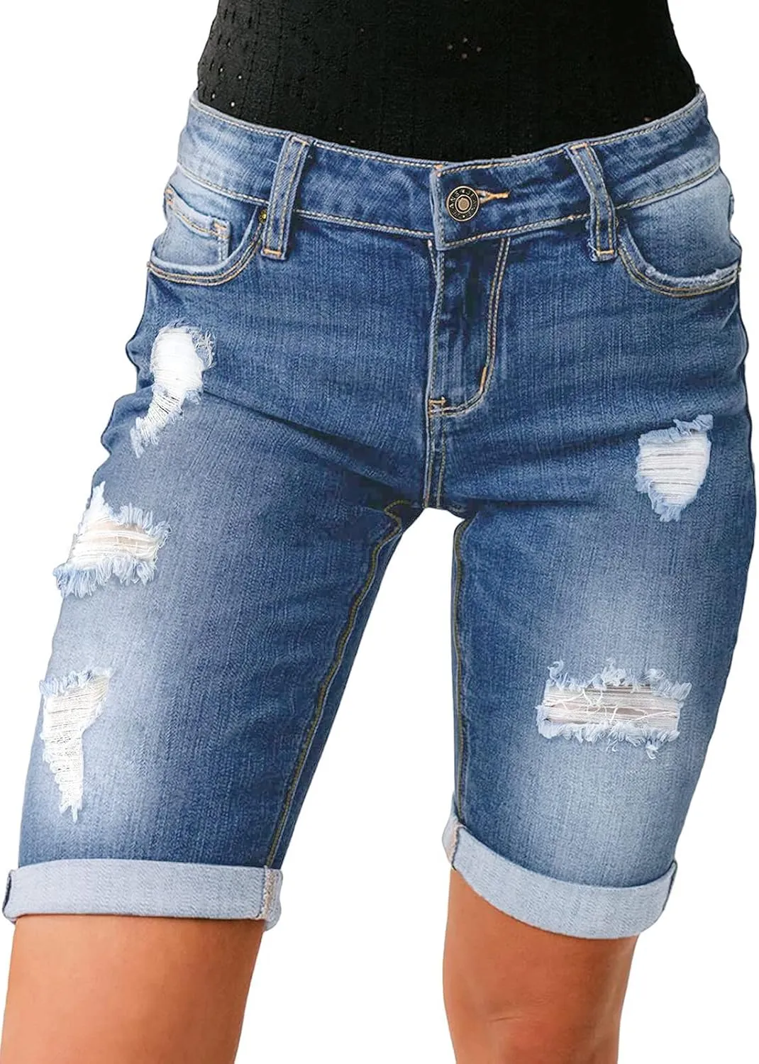 Women's Ripped Mid-Rise Denim Bermuda Shorts Frayed Raw Hem Stretch Jean Shorts