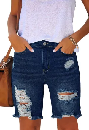 Women's Ripped Mid-Rise Denim Bermuda Shorts Frayed Raw Hem Stretch Jean Shorts