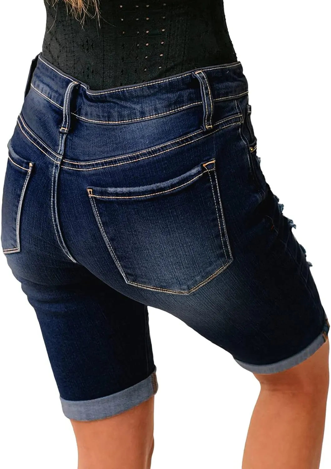 Women's Ripped Mid-Rise Denim Bermuda Shorts Frayed Raw Hem Stretch Jean Shorts