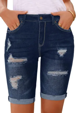 Women's Ripped Mid-Rise Denim Bermuda Shorts Frayed Raw Hem Stretch Jean Shorts