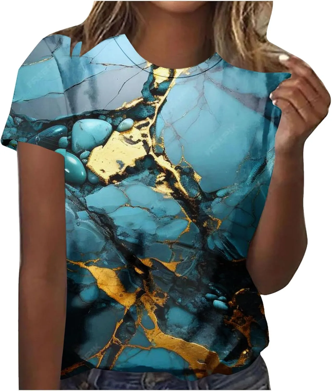 Womens Shirts Trendy Short Sleeve Crewneck Blouse Pullover Casual Loose Marble Print Graphic Tee Shirt Summer Fashion