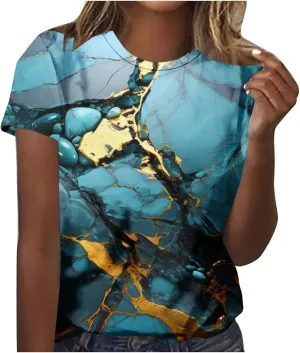 Womens Shirts Trendy Short Sleeve Crewneck Blouse Pullover Casual Loose Marble Print Graphic Tee Shirt Summer Fashion