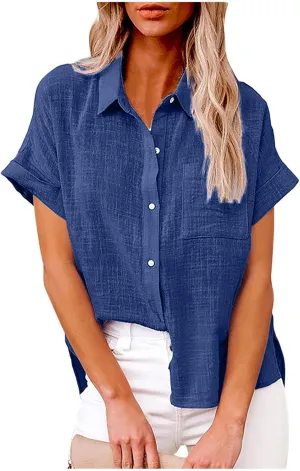 Womens Short Sleeve Button Down Shirt Collared V Neck Blouse Summer Cotton Linen Tops Loose Fit Casual Dressy Clothes