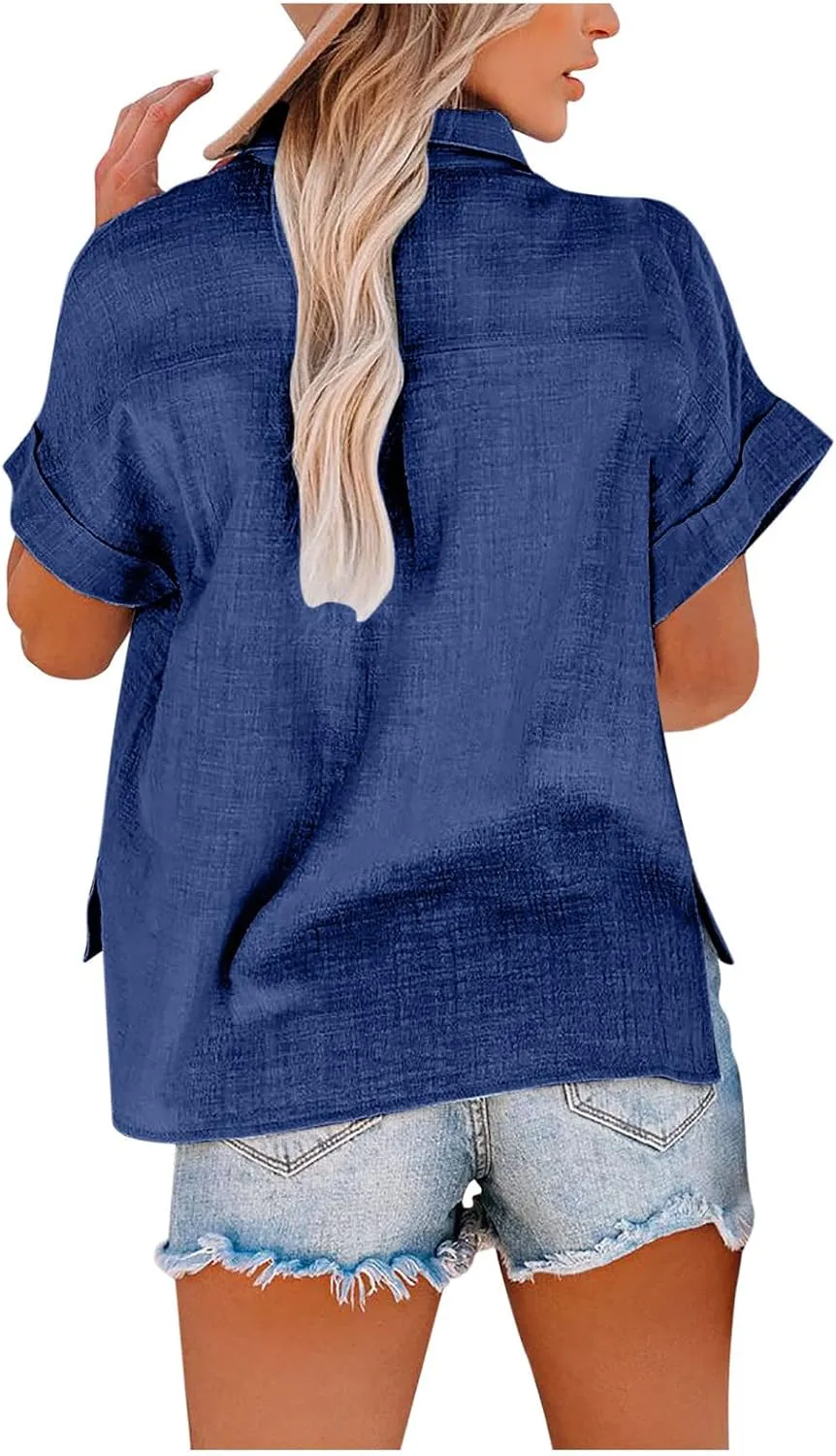 Womens Short Sleeve Button Down Shirt Collared V Neck Blouse Summer Cotton Linen Tops Loose Fit Casual Dressy Clothes