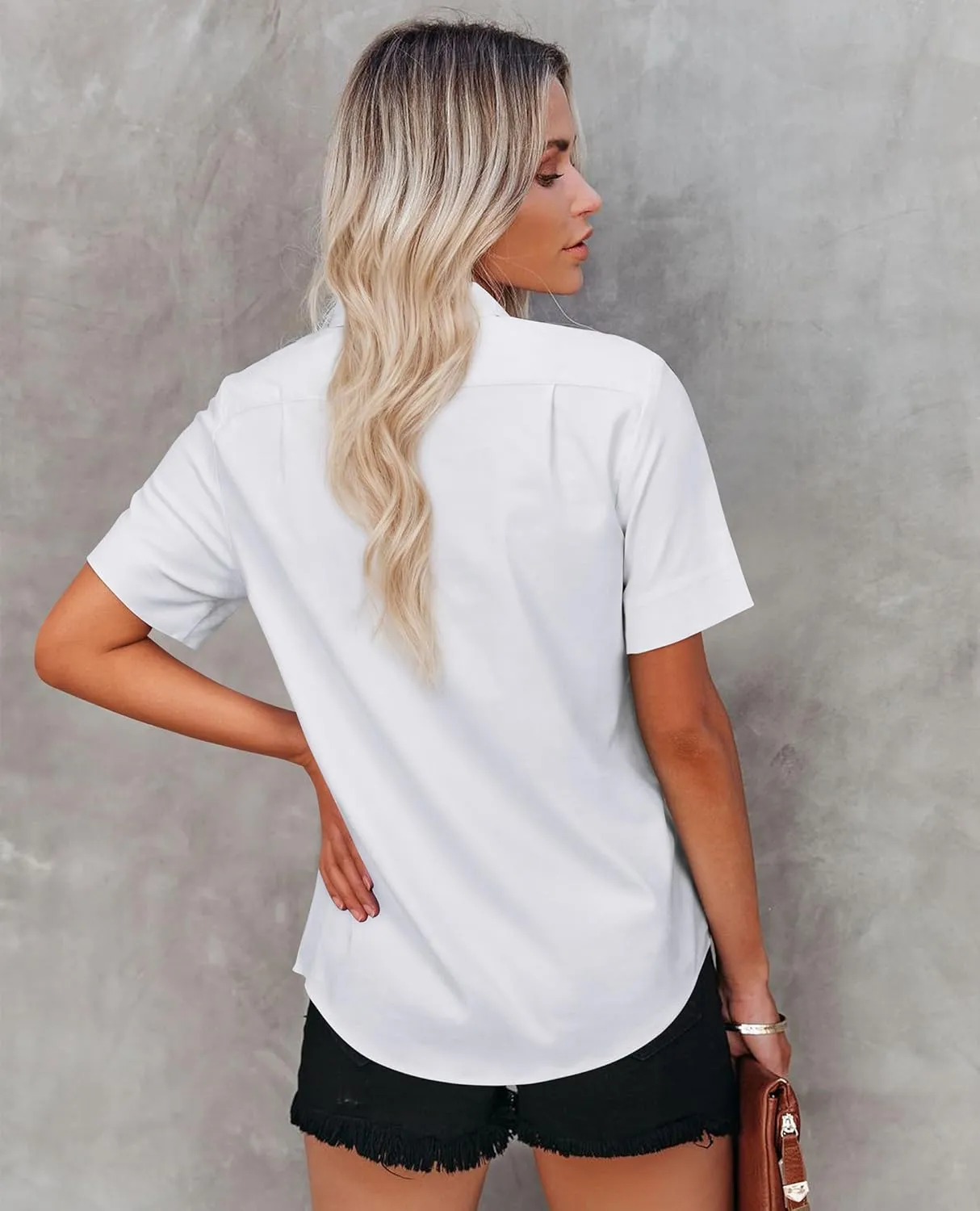 Womens Short Sleeve Button Down Shirts Stretch Oxford Shirts Cotton Dress Shirt Collared Blouse Formal Work Tunic Tops