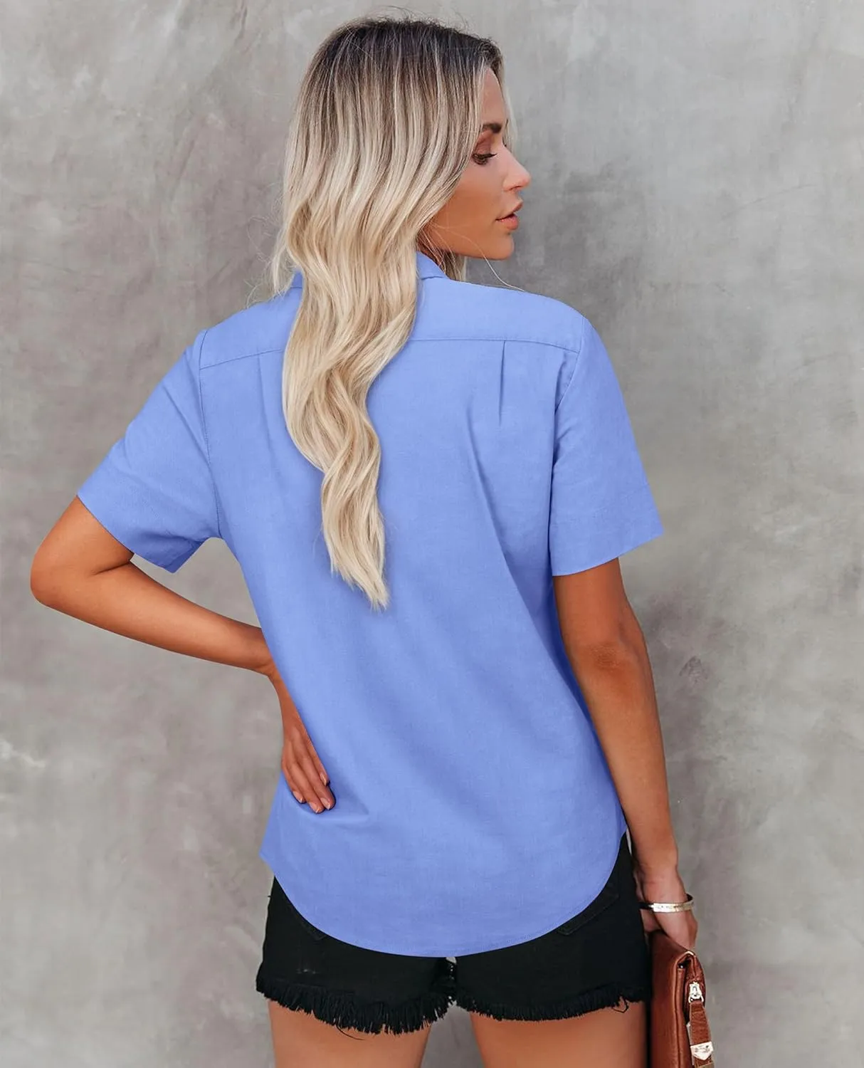 Womens Short Sleeve Button Down Shirts Stretch Oxford Shirts Cotton Dress Shirt Collared Blouse Formal Work Tunic Tops