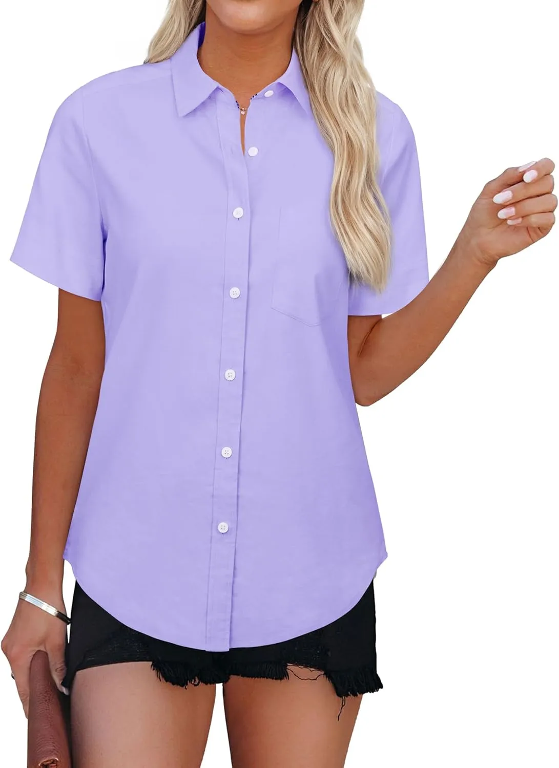 Womens Short Sleeve Button Down Shirts Stretch Oxford Shirts Cotton Dress Shirt Collared Blouse Formal Work Tunic Tops