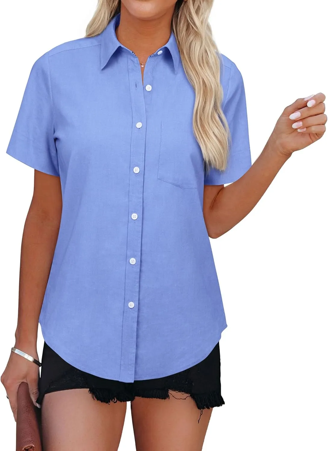 Womens Short Sleeve Button Down Shirts Stretch Oxford Shirts Cotton Dress Shirt Collared Blouse Formal Work Tunic Tops