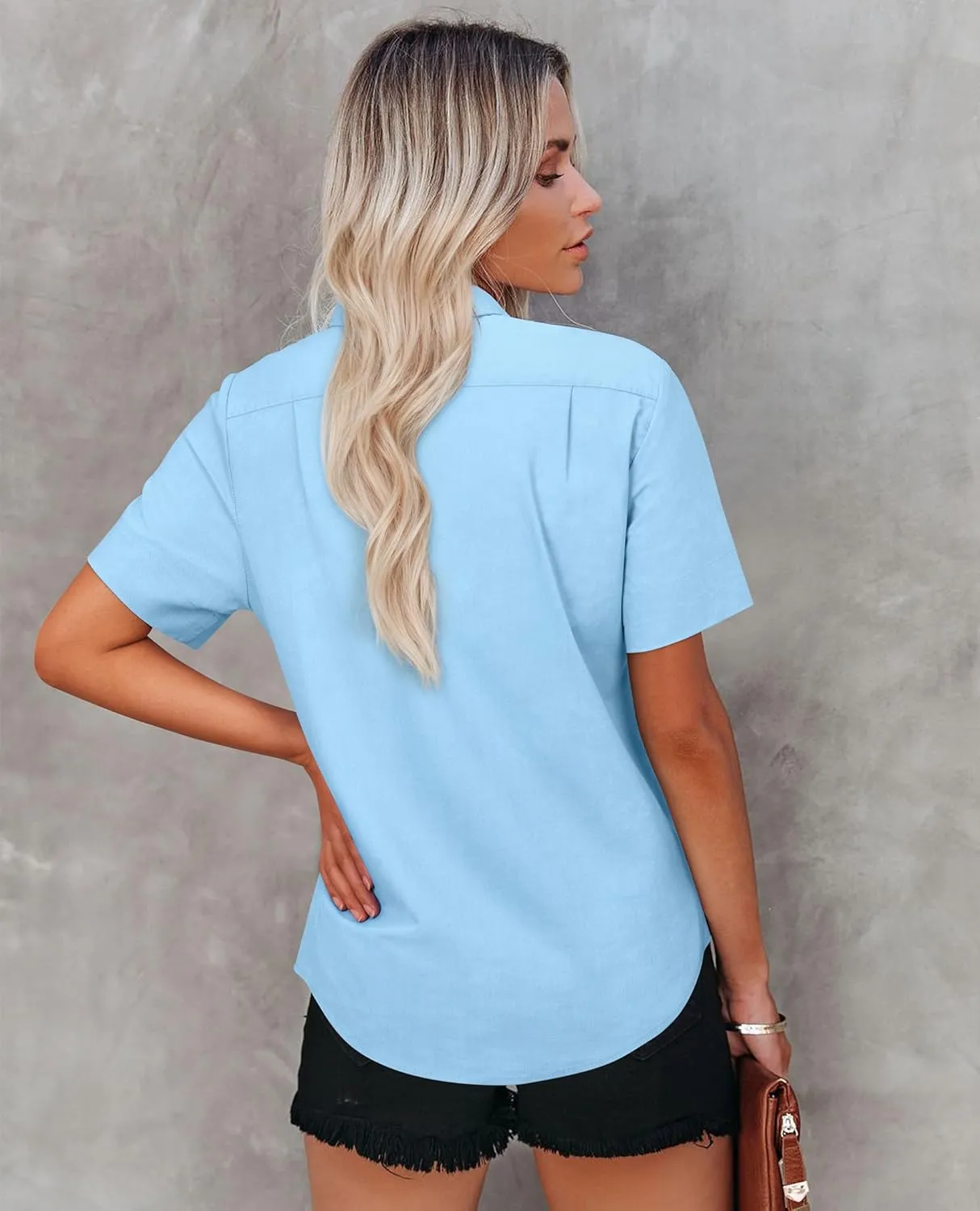 Womens Short Sleeve Button Down Shirts Stretch Oxford Shirts Cotton Dress Shirt Collared Blouse Formal Work Tunic Tops
