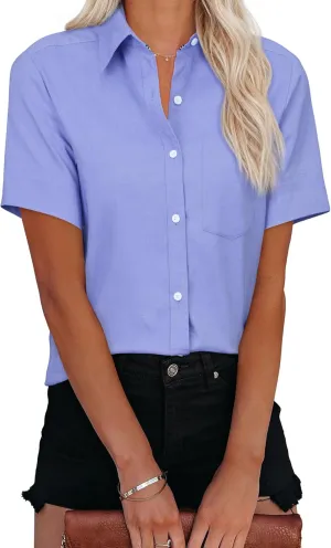 Womens Short Sleeve Button Down Shirts Stretch Oxford Shirts Cotton Dress Shirt Collared Blouse Formal Work Tunic Tops