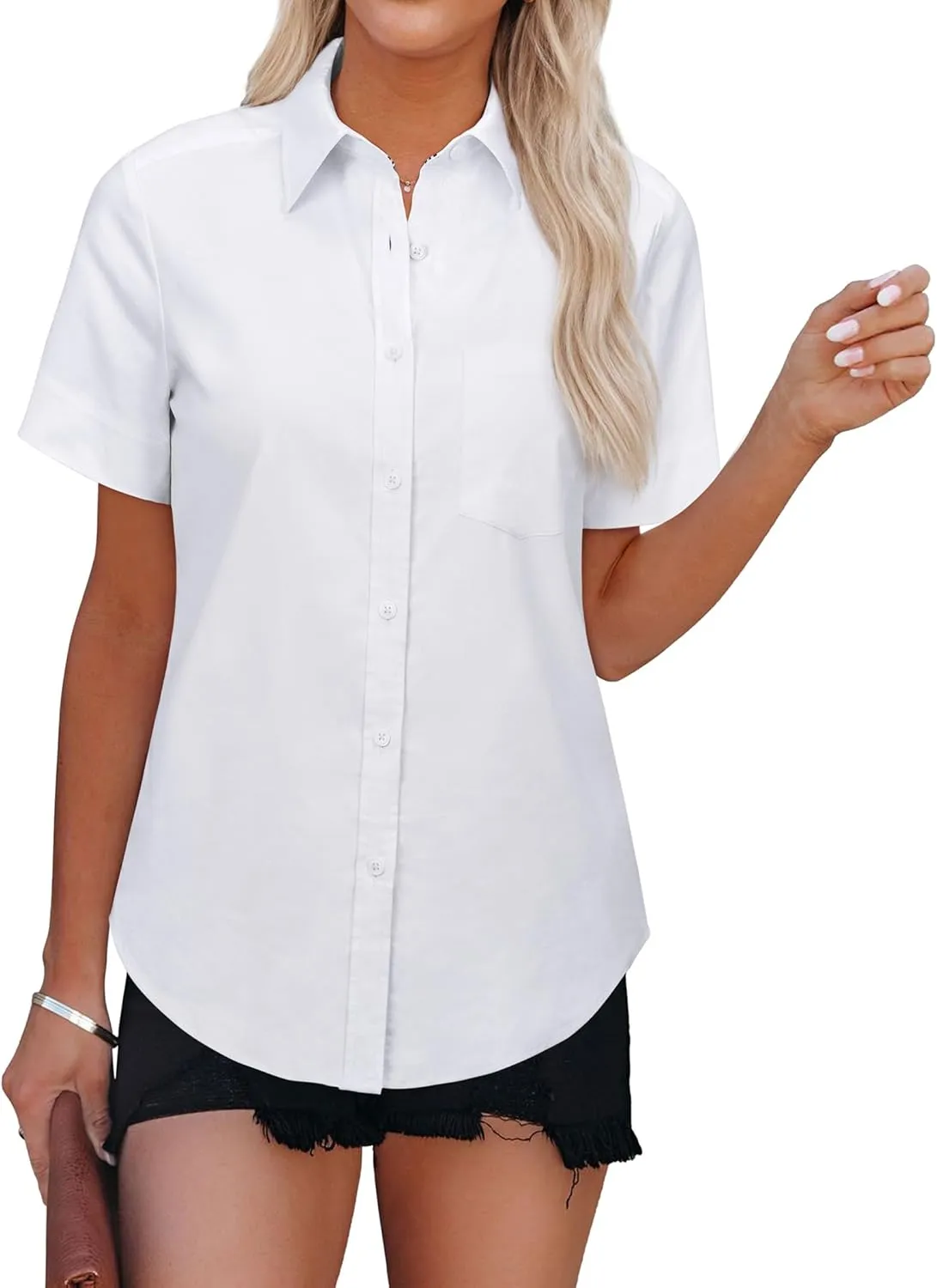 Womens Short Sleeve Button Down Shirts Stretch Oxford Shirts Cotton Dress Shirt Collared Blouse Formal Work Tunic Tops