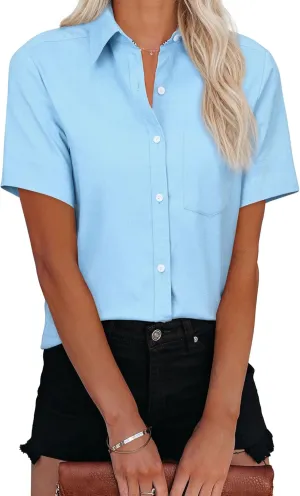 Womens Short Sleeve Button Down Shirts Stretch Oxford Shirts Cotton Dress Shirt Collared Blouse Formal Work Tunic Tops