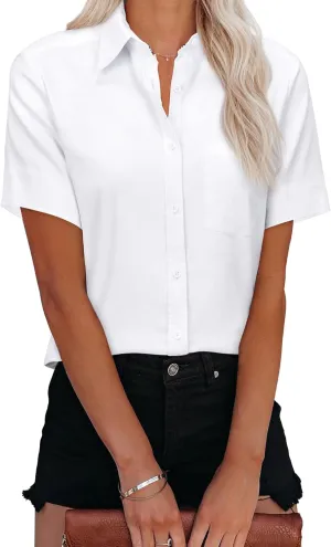 Womens Short Sleeve Button Down Shirts Stretch Oxford Shirts Cotton Dress Shirt Collared Blouse Formal Work Tunic Tops