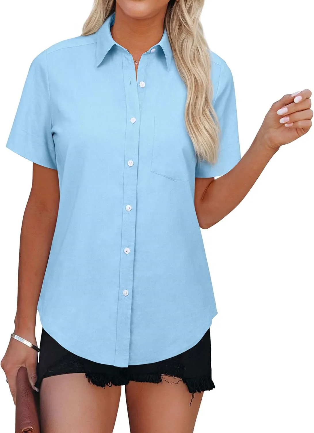 Womens Short Sleeve Button Down Shirts Stretch Oxford Shirts Cotton Dress Shirt Collared Blouse Formal Work Tunic Tops