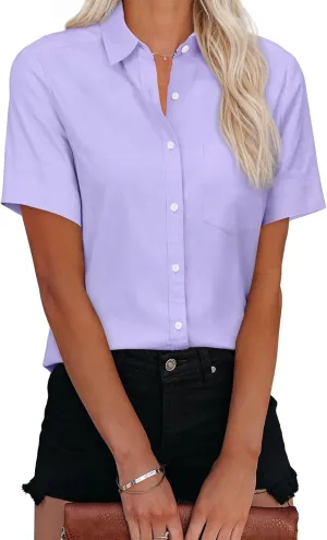 Womens Short Sleeve Button Down Shirts Stretch Oxford Shirts Cotton Dress Shirt Collared Blouse Formal Work Tunic Tops