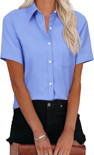 Womens Short Sleeve Button Down Shirts Stretch Oxford Shirts Cotton Dress Shirt Collared Blouse Formal Work Tunic Tops