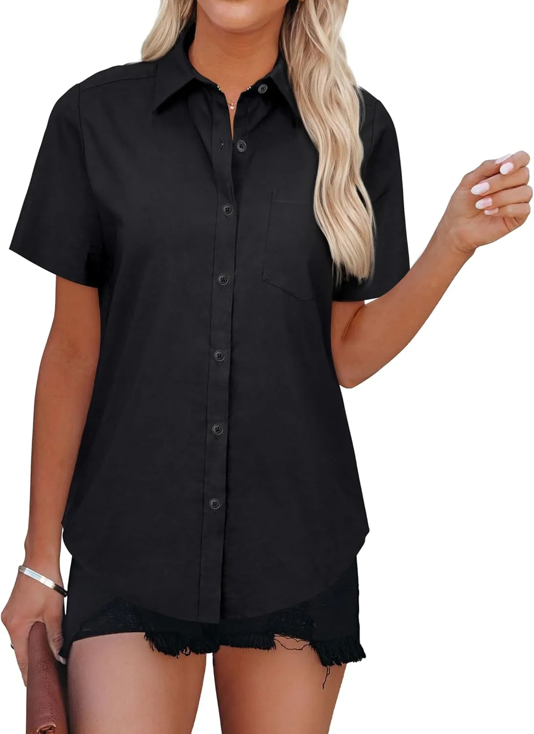 Womens Short Sleeve Button Down Shirts Stretch Oxford Shirts Cotton Dress Shirt Collared Blouse Formal Work Tunic Tops
