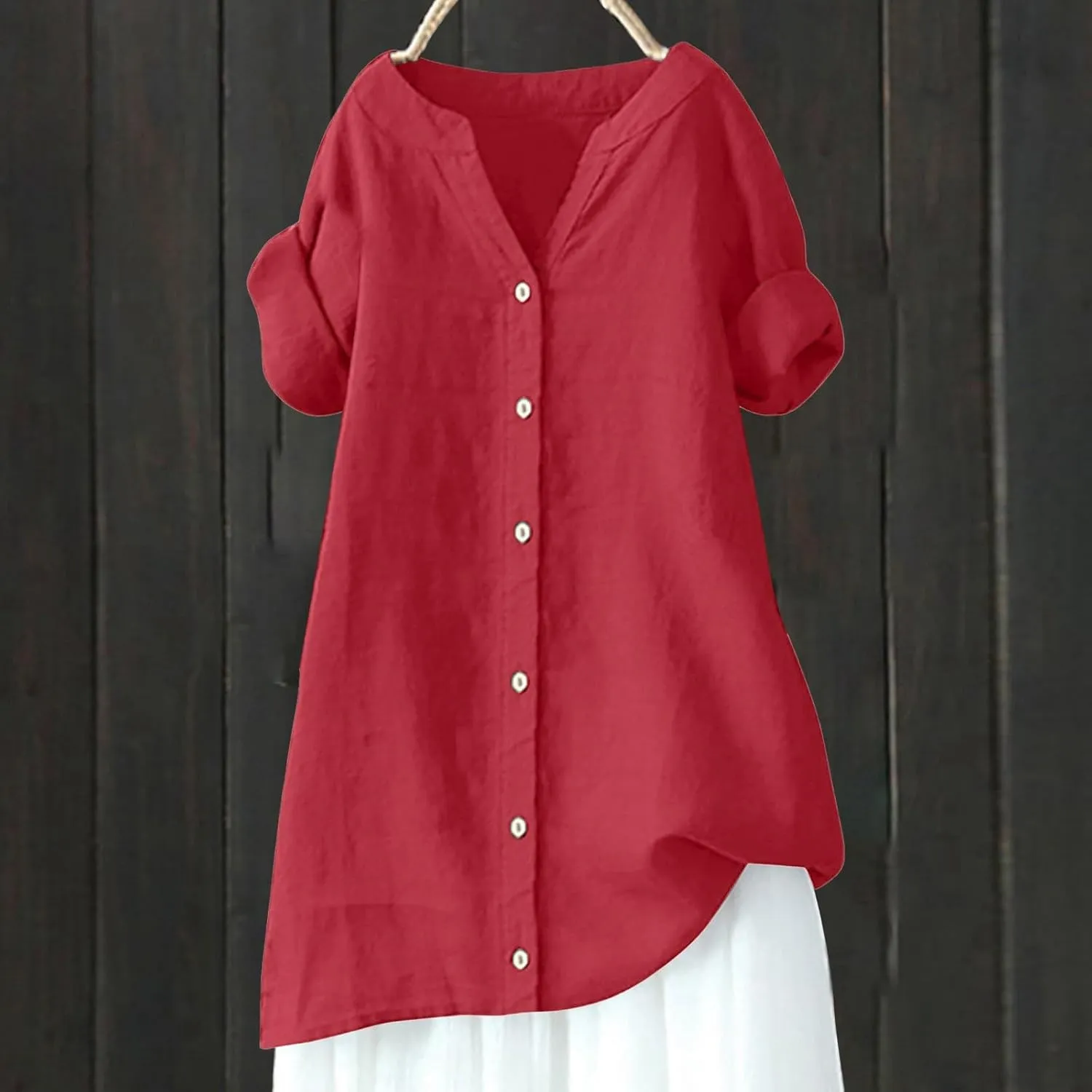 Women's Short Sleeve Linen Shirts Casual Crew Neck Beach T-Shirts Collared Button Down Loose Summer Tshirts