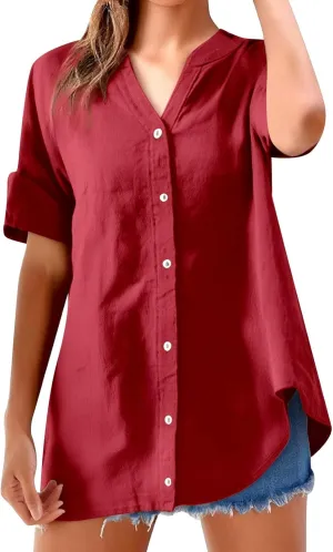 Women's Short Sleeve Linen Shirts Casual Crew Neck Beach T-Shirts Collared Button Down Loose Summer Tshirts