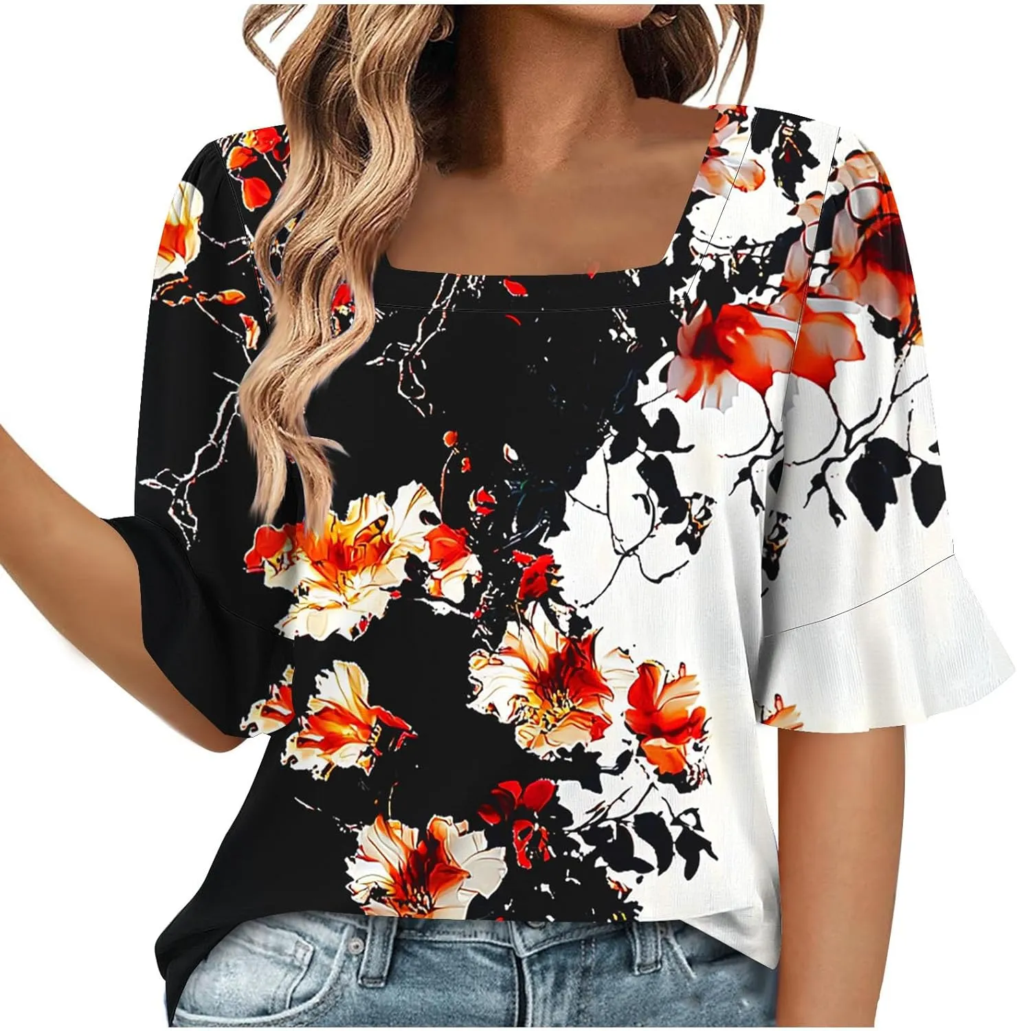 Women's Short Sleeve Shirts Square Neck Summer Tops Dressy Casual Basic Tees Ladies Loose Flowy T Shirts Blouses