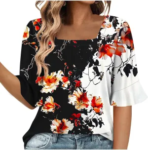 Women's Short Sleeve Shirts Square Neck Summer Tops Dressy Casual Basic Tees Ladies Loose Flowy T Shirts Blouses