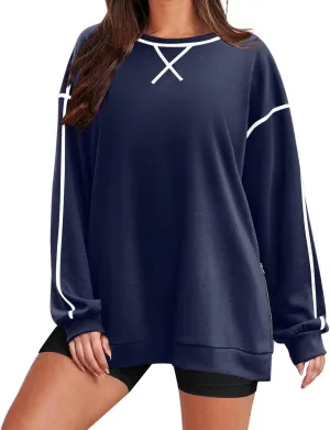 Women's Side Zipper Oversize Sweatshirts Crewneck Pullover Trendy Solid Color Long Sleeve Casual Soft Sweatshirt Tops