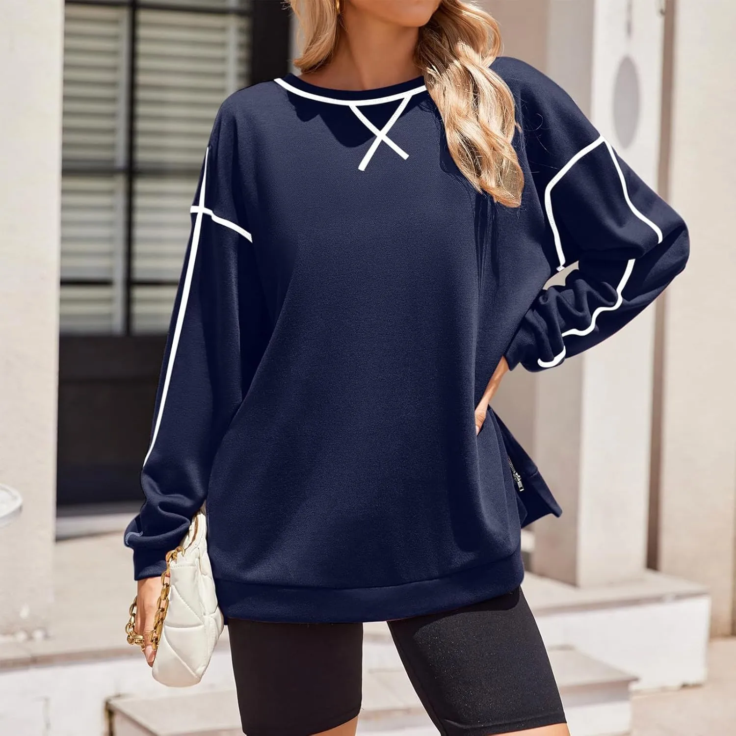 Women's Side Zipper Oversize Sweatshirts Crewneck Pullover Trendy Solid Color Long Sleeve Casual Soft Sweatshirt Tops