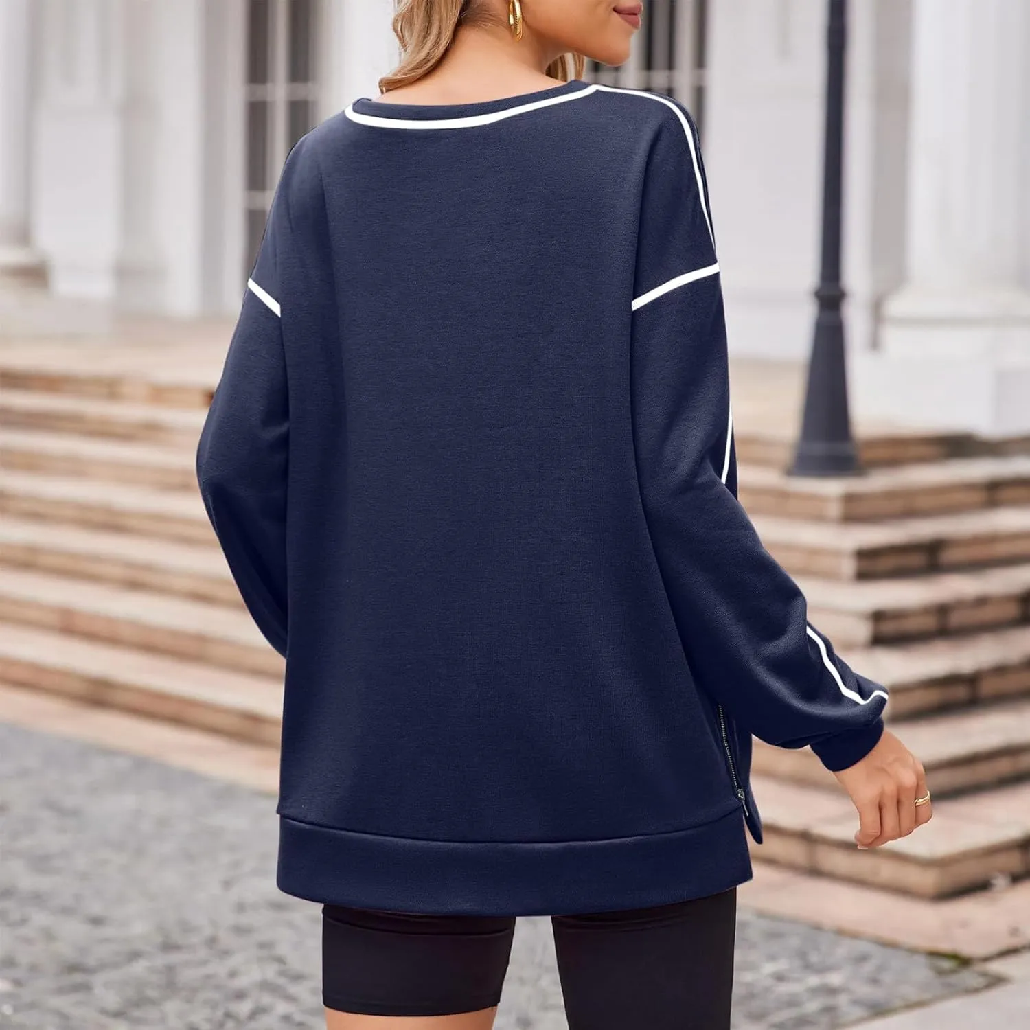 Women's Side Zipper Oversize Sweatshirts Crewneck Pullover Trendy Solid Color Long Sleeve Casual Soft Sweatshirt Tops