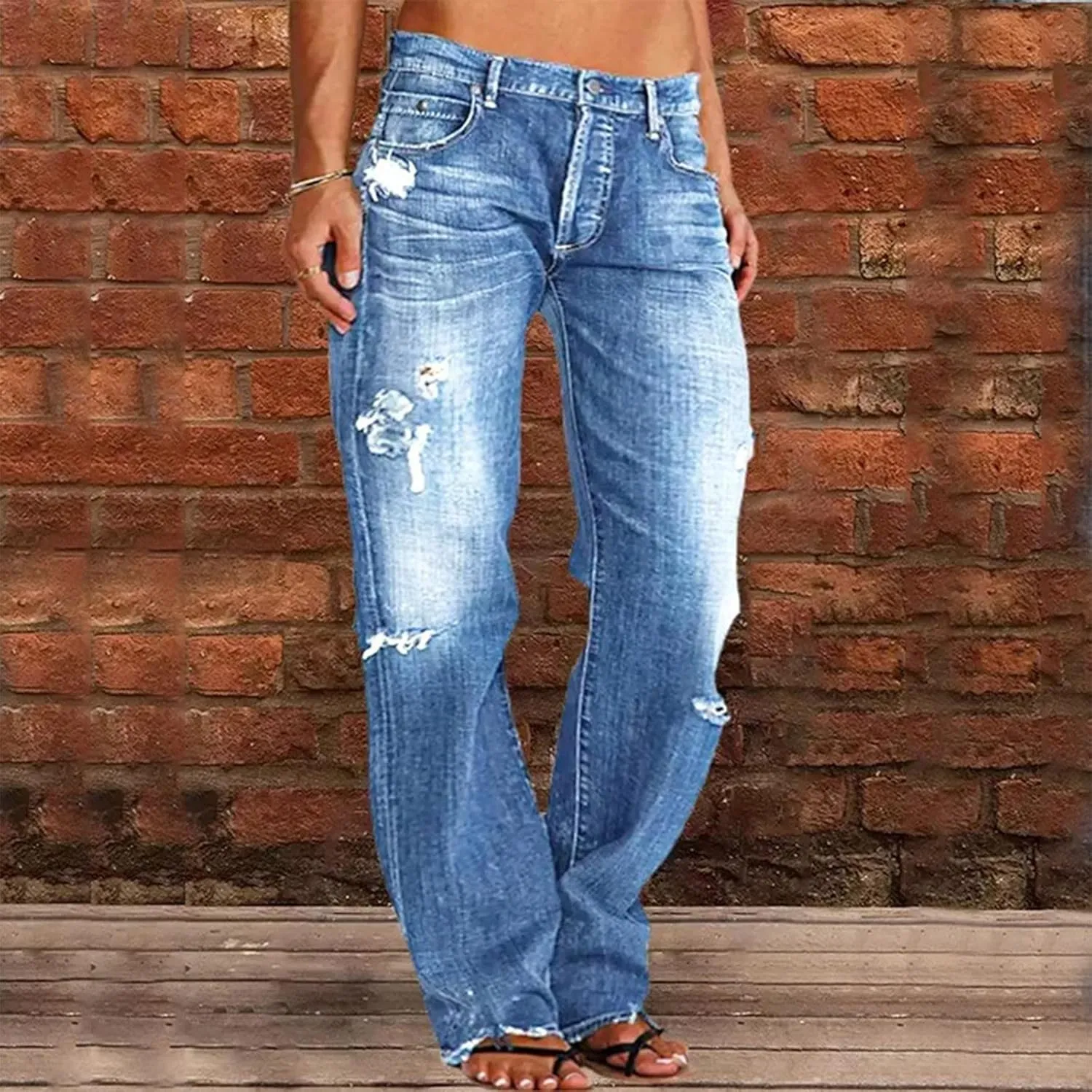 Womens Straight Leg Jeans Button Down Low Rise Ripped Jeans Plus Size Boyfriend Distressed Denim Pants with Pockets