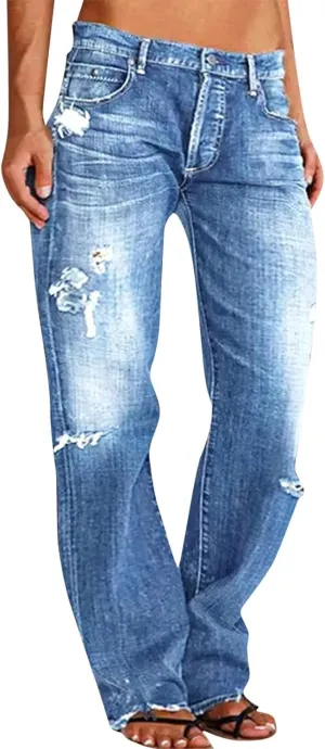 Womens Straight Leg Jeans Button Down Low Rise Ripped Jeans Plus Size Boyfriend Distressed Denim Pants with Pockets