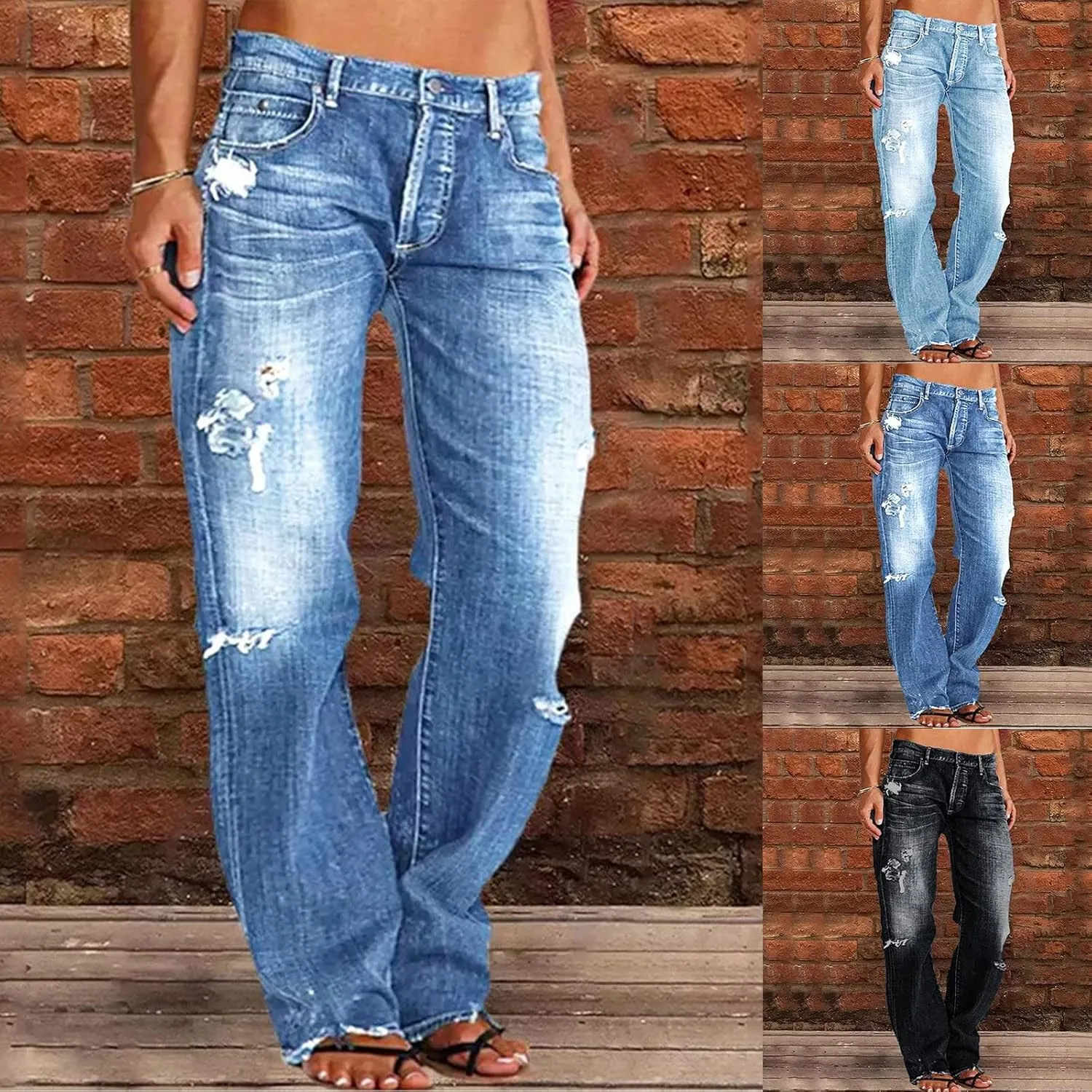 Womens Straight Leg Jeans Button Down Low Rise Ripped Jeans Plus Size Boyfriend Distressed Denim Pants with Pockets