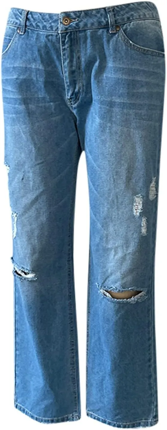 Womens Straight Leg Jeans Button Down Low Rise Ripped Jeans Plus Size Boyfriend Distressed Denim Pants with Pockets