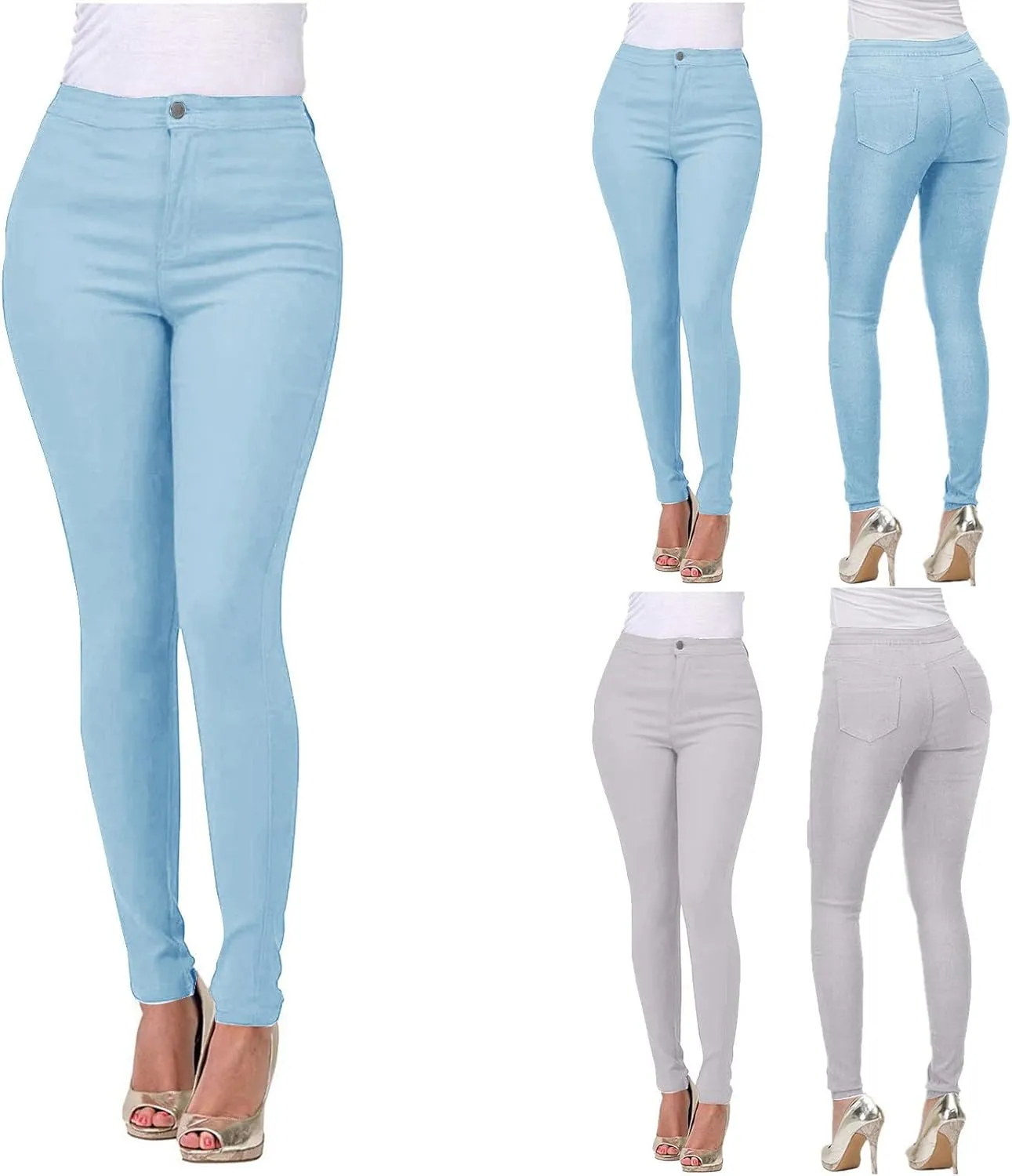 Women's Stretchy Slim Fit Skinny Leg Pull On Jeans with Pockets High Waist Denim Trousers Pants