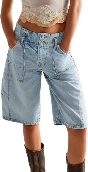 Women's Summer Blue Denim Bermuda Shorts, Casual, Loose Fit, High Waist, Knee Length, 28 Inseam