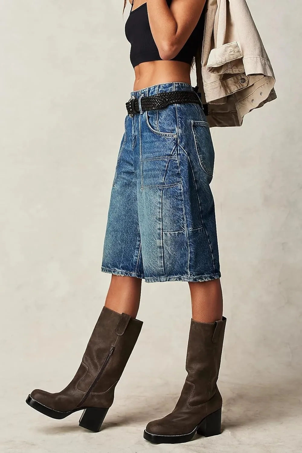 Women's Summer Blue Denim Bermuda Shorts, Casual, Loose Fit, High Waist, Knee Length, 28 Inseam