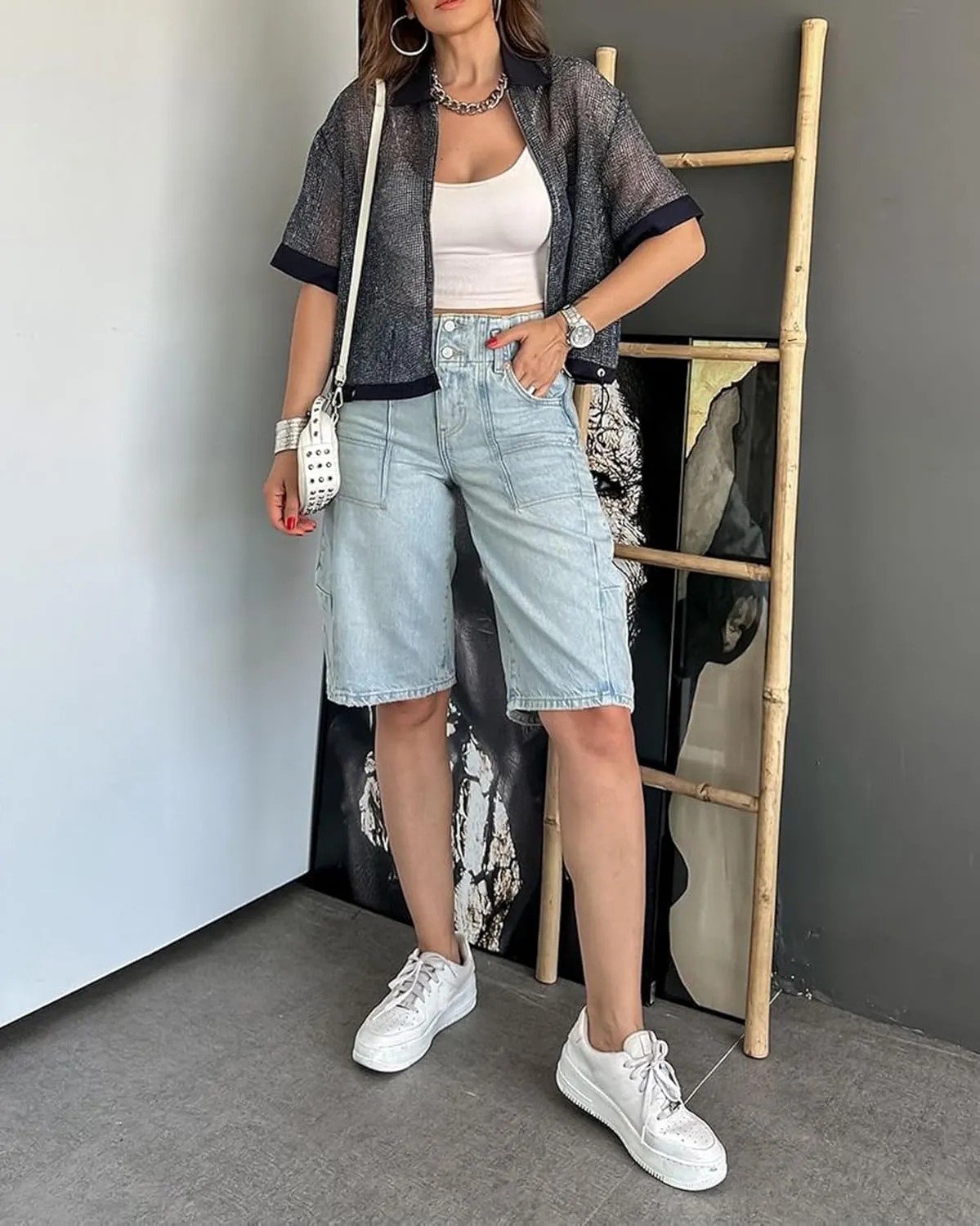 Women's Summer Blue Denim Bermuda Shorts, Casual, Loose Fit, High Waist, Knee Length, 28 Inseam