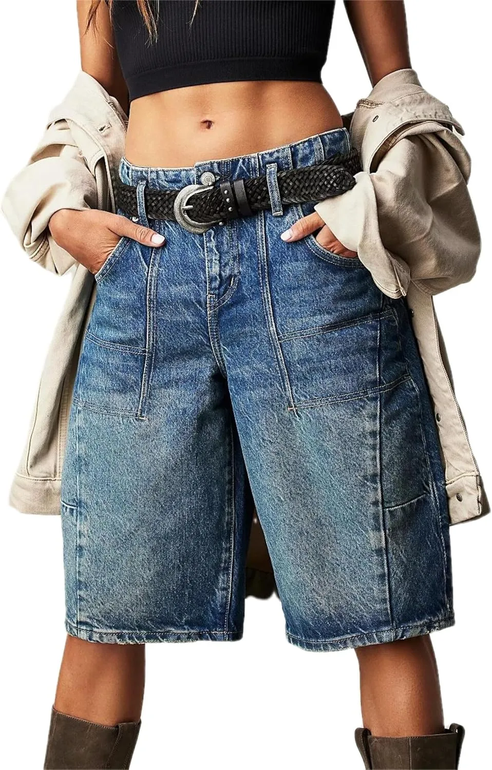 Women's Summer Blue Denim Bermuda Shorts, Casual, Loose Fit, High Waist, Knee Length, 28 Inseam