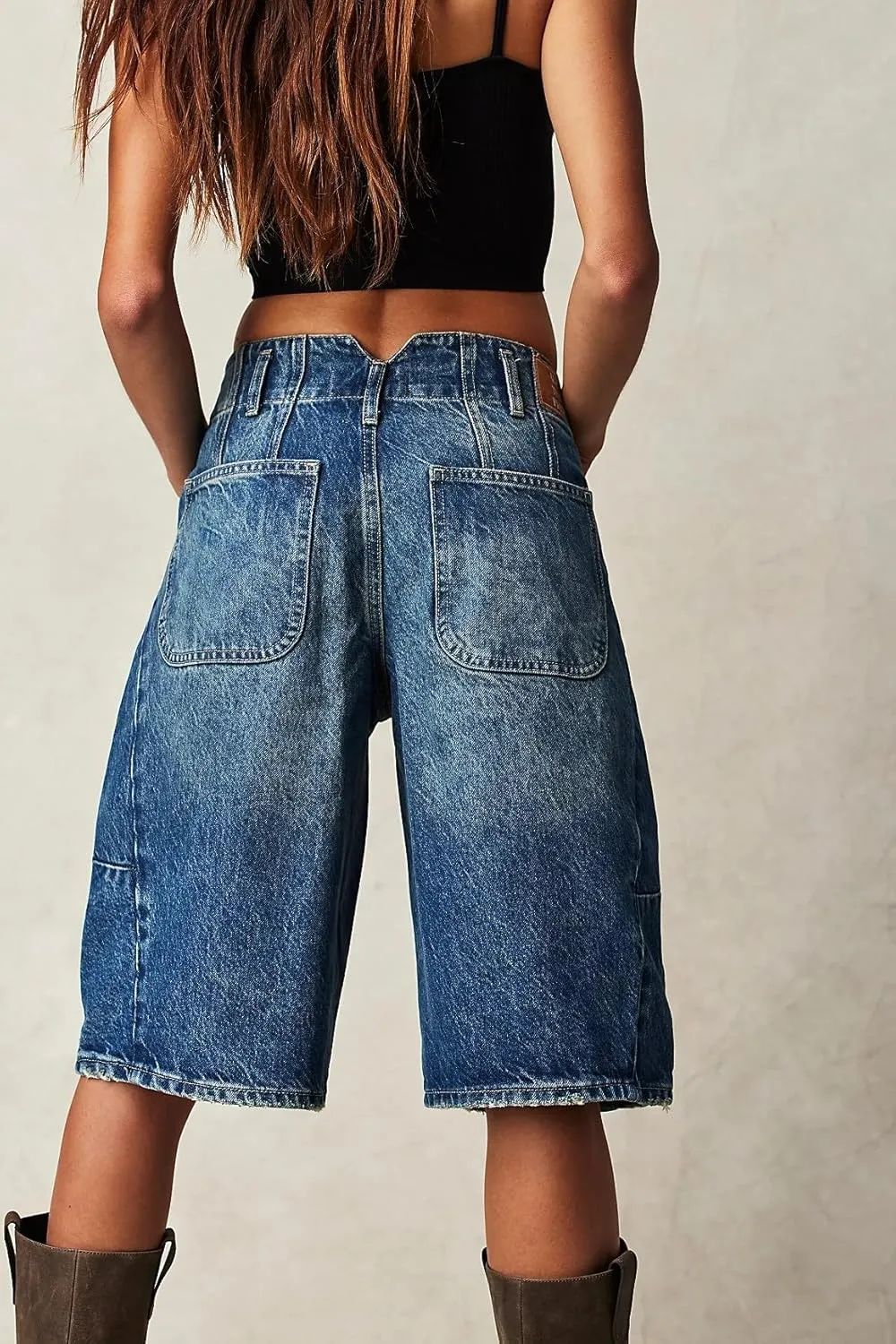 Women's Summer Blue Denim Bermuda Shorts, Casual, Loose Fit, High Waist, Knee Length, 28 Inseam