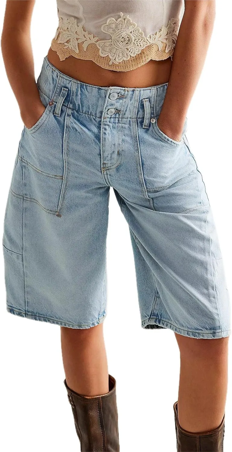 Women's Summer Blue Denim Bermuda Shorts, Casual, Loose Fit, High Waist, Knee Length, 28 Inseam