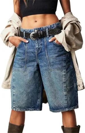 Women's Summer Blue Denim Bermuda Shorts, Casual, Loose Fit, High Waist, Knee Length, 28 Inseam