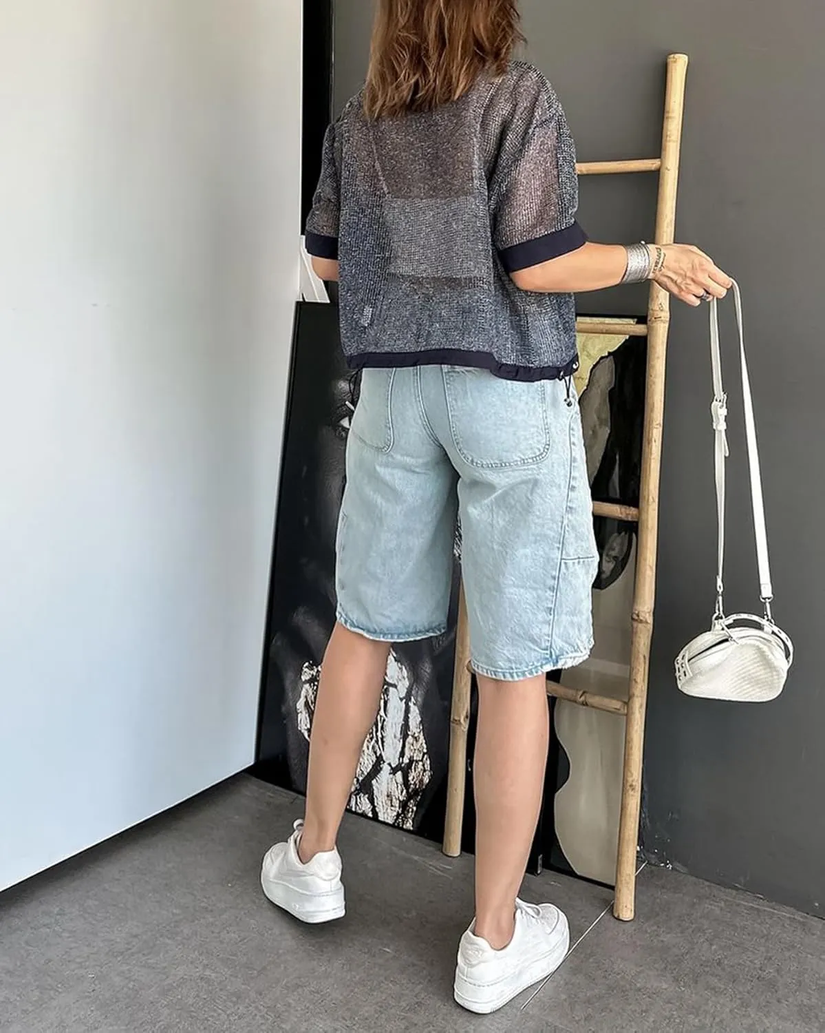 Women's Summer Blue Denim Bermuda Shorts, Casual, Loose Fit, High Waist, Knee Length, 28 Inseam